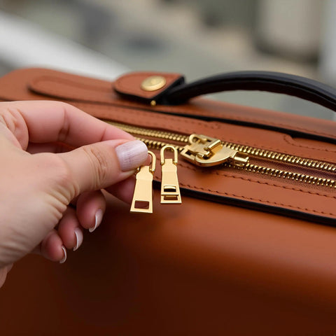 Gold Zipper Pull Replacement Set Pro Grade Four Metal Zipper Handles For Luggage Bags Backpacks shown on brown luggage