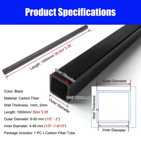 Top Shelf Pultruded Carbon Fiber Square Tube One Meter Long, specifications showing dimensions and material for custom projects.