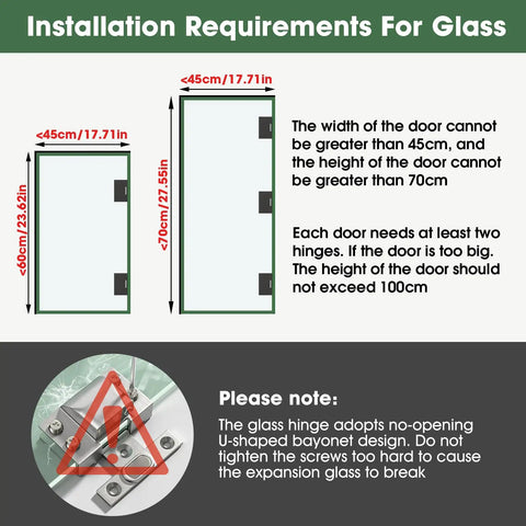 Installation requirements for Heavy Duty 304 Stainless Steel Glass Cabinet Door Hinges For 5 To 8 mm Panes Slick Black Finish.