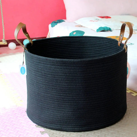 XXXLarge Cotton Rope Storage Basket With Leather Handles For Living Room Go To Organizer For Blankets Towels And Pillows Black 20x20x13 Inches Durable Cotton Rope Craft With Leather Accents For Laundry Or Decorative Storage