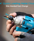 Person holding 16.8V Cordless Brushless Impact Driver Kit with quarter inch hex bit change