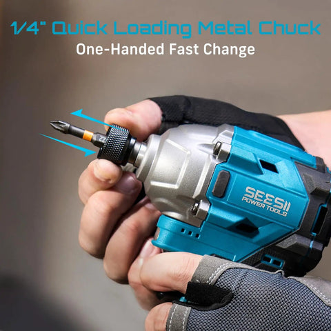 Person holding 16.8V Cordless Brushless Impact Driver Kit with quarter inch hex bit change