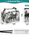 Cowboy Themed Lunch Box With A Horse Ride Design For Women And Men, insulated, dimensions with adjustable strap shown
