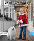 Child in red coat with dog on porch showing day and night view using 2K Dual Lens Video Doorbell with Chime, Local Storage Up To 512GB Includes 64GB Card, No Subscriptions Needed.