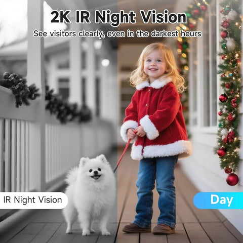 Child in red coat with dog on porch showing day and night view using 2K Dual Lens Video Doorbell with Chime, Local Storage Up To 512GB Includes 64GB Card, No Subscriptions Needed.