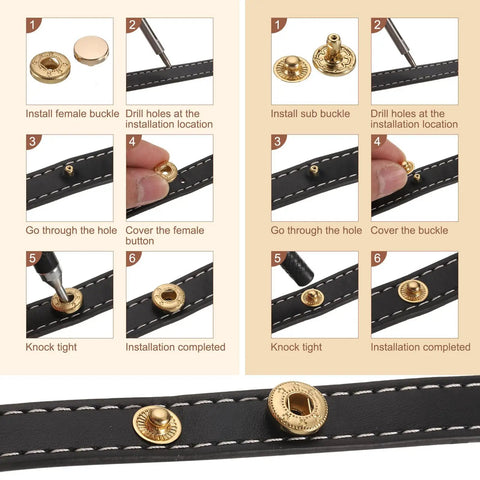 Installation steps for Pro Grade 50 Piece Leather Snap Fastener Kit With Killer Bronze Metal Press Studs on black leather.