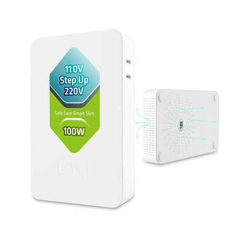 100W 110V To 220V Step Up Voltage Converter For Europe And Asia Appliances In The US Travel Transformer in a white compact design