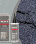 Heavy Duty Crack Fill Patch For Concrete Asphalt And Masonry Driveways that bonds tight in a bottle next to cracked asphalt.