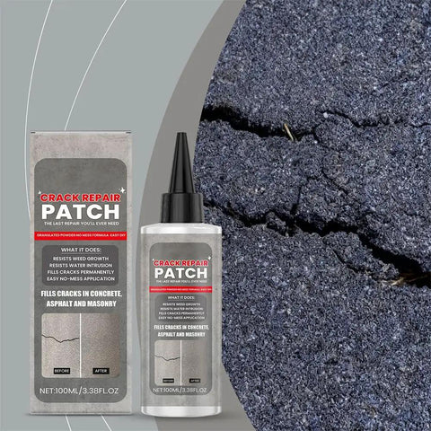 Heavy Duty Crack Fill Patch For Concrete Asphalt And Masonry Driveways that bonds tight in a bottle next to cracked asphalt.