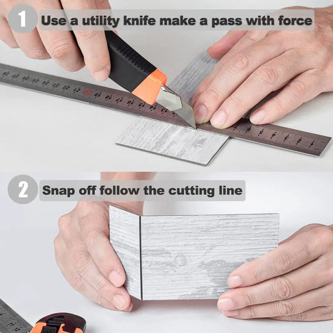 Easy Peel And Stick Three Inch By Six Inch White Birch Subway Backsplash Tiles shown being cut with a utility knife on a ruler
