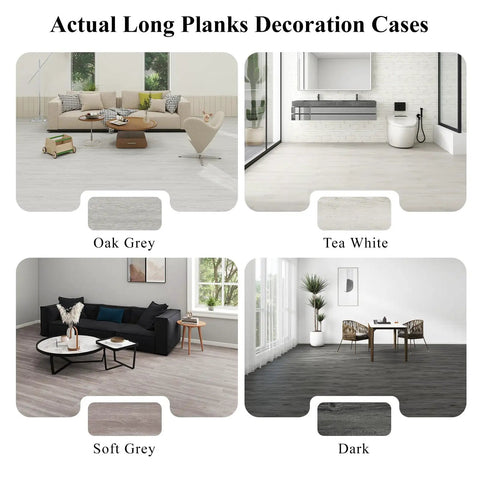 Actual long planks decoration cases showcasing oak grey, tea white, soft grey, and dark options for flooring.