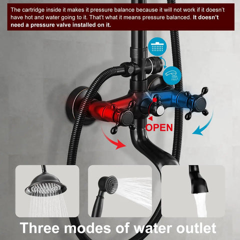 Oil Rubbed Bronze Exposed Pipe Shower System with 8 Inch Rainfall Round Head, Wall Mount Mixer showing three water modes