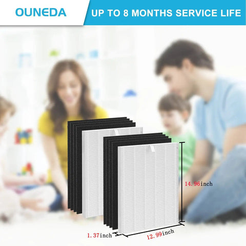Two Pack HEPA Replacement Filters With Odor Pre-Filters For AP 1512HH Air Purifier, shown with family in background.