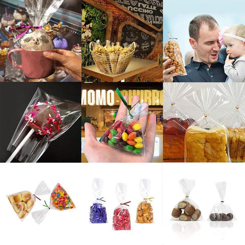 Collage of Clear 4x6 Cellophane Bags With 4 Inch Twist Ties used for gift wrapping and food storage in various settings