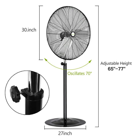30 Inch High Velocity Industrial Pedestal Fan With 8900 CFM Beast Mode Power, adjustable height and oscillating stand.