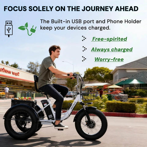 Electric Tricycle For Adults With Fat Tire Folding 20x4 Inch Wheels, 750W 48V E Trike, 20.8Ah, with USB port