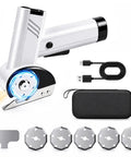 Top Rated Cordless Electric Scissors With 4 Speed Settings And Five Spare Blades, charging cable and replacement blades included.