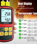 Front view of red digital thermocouple thermometer with dual LCD display and four K-type probes