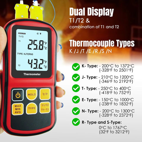 Front view of red digital thermocouple thermometer with dual LCD display and four K-type probes