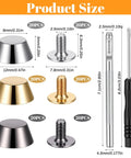 Heavy Duty Zinc Alloy Purse Feet And Handbag Rivet Kit Includes A Rock Solid Hollow Hole Punch Plus Phillips Screwdriver For Zero Stress Everyday Bag Fixes, showing product sizes and types.