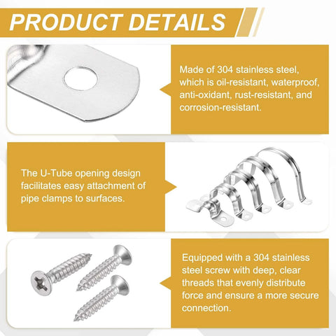 Product details of Heavy Duty 24 Pack 10mm 304 Stainless Steel Rigid Pipe Straps U Brackets with Self Tapping Screws for installation.