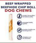 American Beefhide 5 Inch Chip Rolls Dog Chew Treats With Real Beef Meat Wrap, shown with benefits like calming effect and joint support.