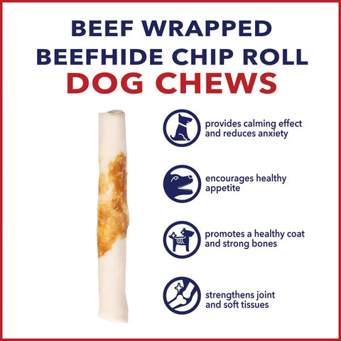 American Beefhide 5 Inch Chip Rolls Dog Chew Treats With Real Beef Meat Wrap, shown with benefits like calming effect and joint support.