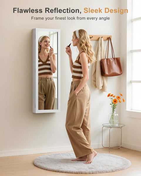Woman using Six LED Mirror Jewelry Cabinet With Large Capacity Lockable Armoire Door Or Wall Mounted Jewelry Organizer in bedroom