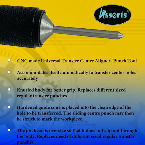 Self Centering Hole Transfer Punch With Hardened EN31 Pin, Pro Grade One Quarter Inch To Five Eighths Inch Range, shown with text overlay.