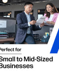 Two professionals discussing documents in an office setting, promoting a solution for small to mid-sized businesses.