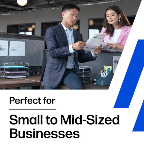 Two professionals discussing documents in an office setting, promoting a solution for small to mid-sized businesses.