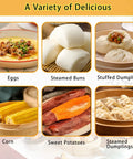 Assorted dishes including eggs, steamed buns, stuffed dumplings, corn, sweet potatoes, steamed dumplings on display