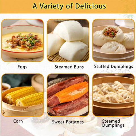 Commercial Electric Steamer For Busy Breakfast Spots Pro Grade Stainless Steel Bun Steamer With Independent Water Supply System And Anti Dry Device 6 Hole Capacity For Steaming Buns Dim Sum Dumplings And Veggies shown cooking various foods.