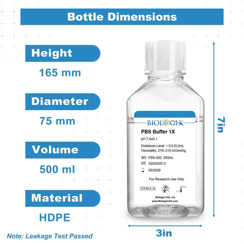 Phosphate Buffered Saline Solution PBS Buffer 1X Sterile 0.1 Micron Filtered 500 mL For Rock Solid Lab Performance In Sample Washing Buffer Exchange And General Solution Preparation bottle dimensions, HDPE, 165 mm tall