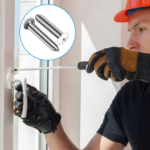 Man using a screwdriver to install Built Tough Number 8 Pan Head Screws Self Tapping Stainless Steel Assorted Fastener Kit.