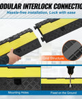 5 Pack Dual Channel Rubber Cable Protector Ramp Beefy For Indoor Outdoor Use Heavy Duty Hose And Wire Cover 12000 Lbs Per Axle Capacity Flip Open Top Driveway Traffic Speed Bump Includes 50 Ft Warning Tape, showing interlocking sections and mounting holes.