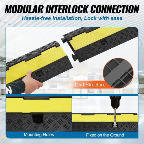 5 Pack Dual Channel Rubber Cable Protector Ramp Beefy For Indoor Outdoor Use Heavy Duty Hose And Wire Cover 12000 Lbs Per Axle Capacity Flip Open Top Driveway Traffic Speed Bump Includes 50 Ft Warning Tape, showing interlocking sections and mounting holes.