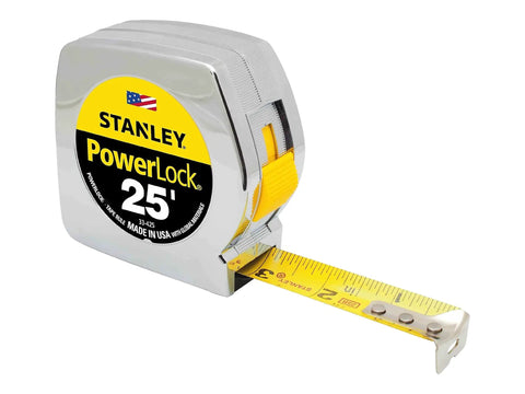 Close-up of 25 ft tape measure with yellow chrome case, Tru-Zero hook, and locking blade, showcasing three-rivet construction.