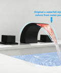 Matte Black Waterfall Bathroom Faucet With LED Temperature Indicator 8 Inch Widespread Three Hole Vanity Sink Faucet With Dual Knobs Sleek Modern Waterfall Style For Master Bath