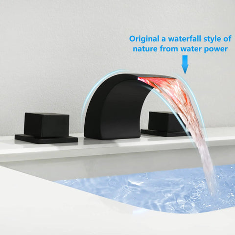 Matte Black Waterfall Bathroom Faucet With LED Temperature Indicator 8 Inch Widespread Three Hole Vanity Sink Faucet With Dual Knobs Sleek Modern Waterfall Style For Master Bath