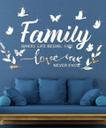 Dope 3D Acrylic Mirror Family Wall Decals Silver Finish With Motivational Quote Family Where Life Begins And Love Never Ends Plus Butterfly And Leaf Stickers DIY Removable Wall Art For Home Decor on blue wall