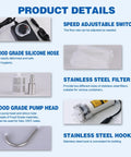 Product details of Food Grade Electric Water Transfer Pump with Speed Adjustable 100 to 240V for Ice Makers, Coffee Machines, Water Dispensers, featuring silicone hose, stainless steel filter, and hook.