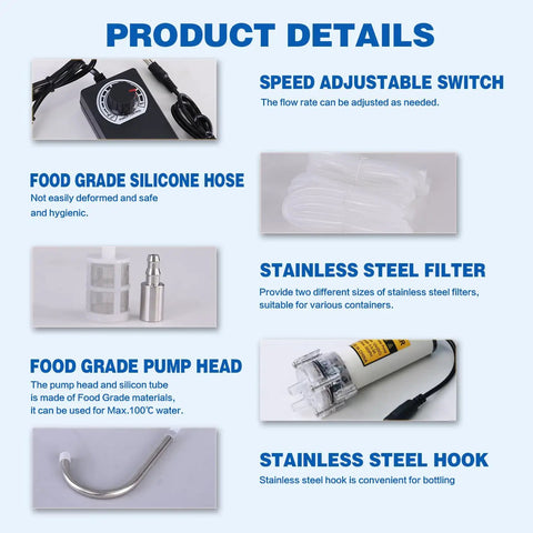 Product details of Food Grade Electric Water Transfer Pump with Speed Adjustable 100 to 240V for Ice Makers, Coffee Machines, Water Dispensers, featuring silicone hose, stainless steel filter, and hook.