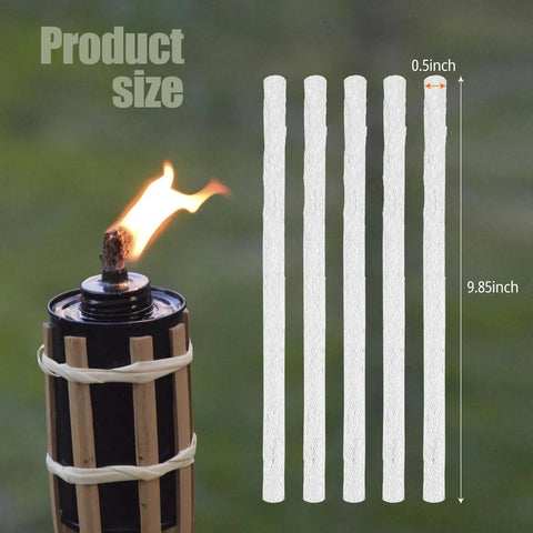Long Life Fiberglass Torch Wicks 10 Inch Replacement Wicks For Tiki Torches And Oil Lamps, pack of 5 shown with dimensions
