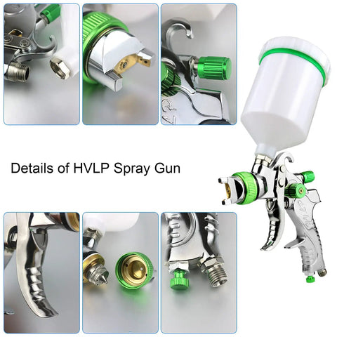 Hvlp Gravity Feed Paint Sprayer Gun Featuring 1.4mm Tip Plus Replaceable 1.7mm And 2.0mm Nozzles with detailed views and parts.