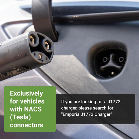 Charging connector for Top Shelf Level 2 EV Charger With Smart Power Tech And A Dead Solid 48 Amp Draw, suited for NACS vehicles.