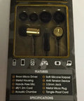 Product packaging for 9mm metal noise reduction in-ear buds, features a gold color and details about its specifications.