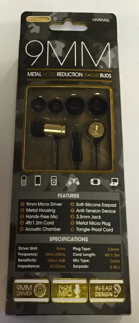 Product packaging for 9mm metal noise reduction in-ear buds, features a gold color and details about its specifications.