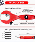 Red ratcheting tubing cutter for 5/16–1 1/8 in pipes; includes replacement head, deburring tool, and 4 blades.