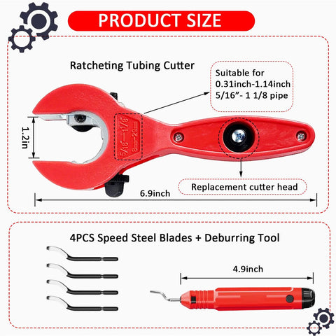 Red ratcheting tubing cutter for 5/16–1 1/8 in pipes; includes replacement head, deburring tool, and 4 blades.